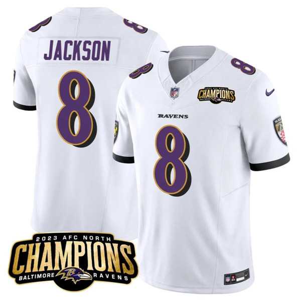 Men & Women & Youth Baltimore Ravens #8 Lamar Jackson White 2023 F.U.S.E. AFC North Champions Vapor Limited Jersey